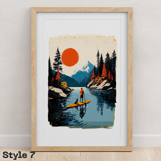 Paddle Board folk-art art print, blank inside