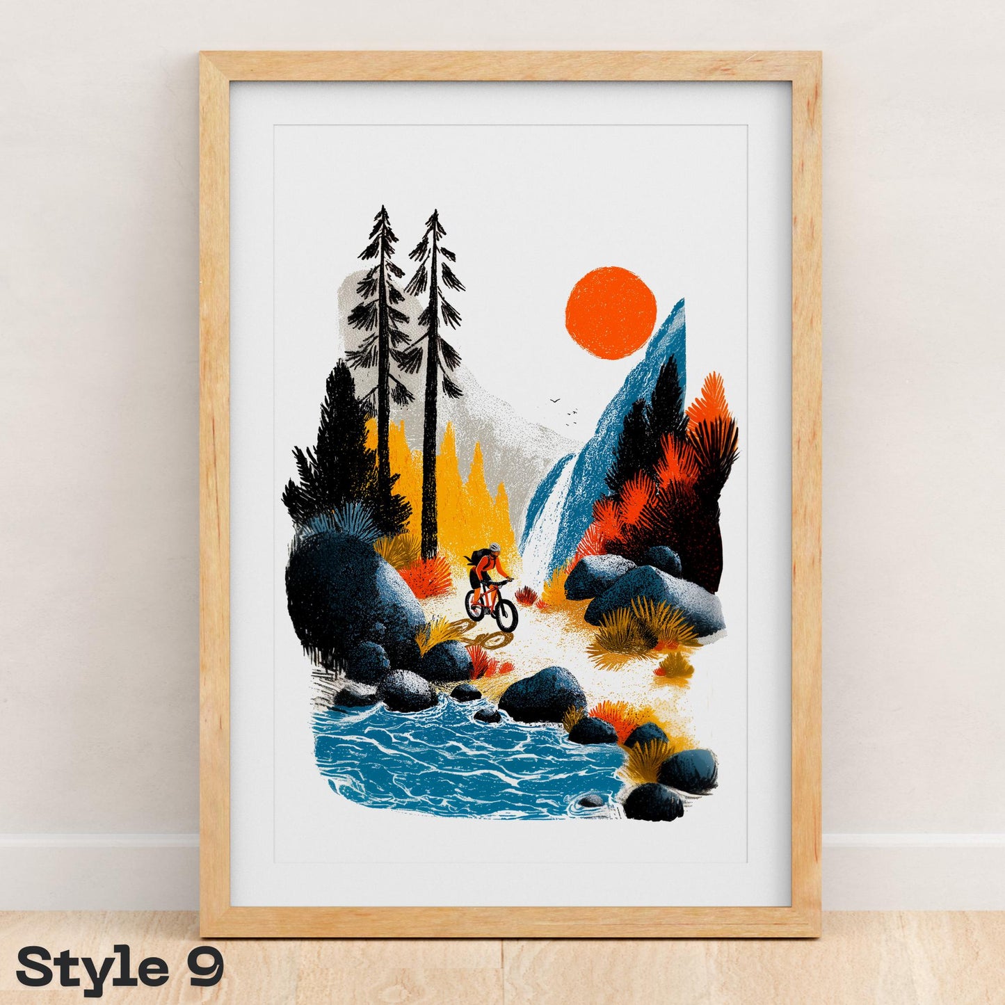 Female Mountain Bike folk-art art print, blank inside