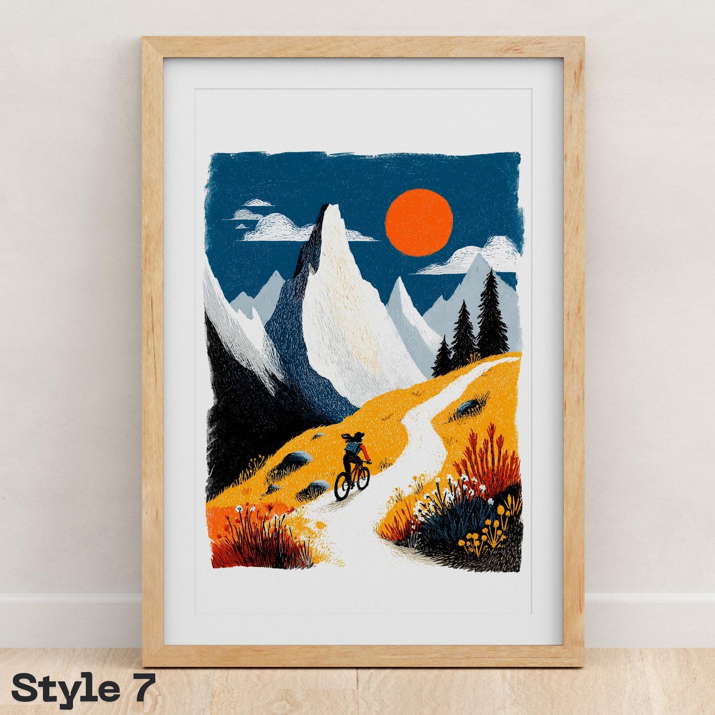 Female Mountain Bike folk-art art print, blank inside