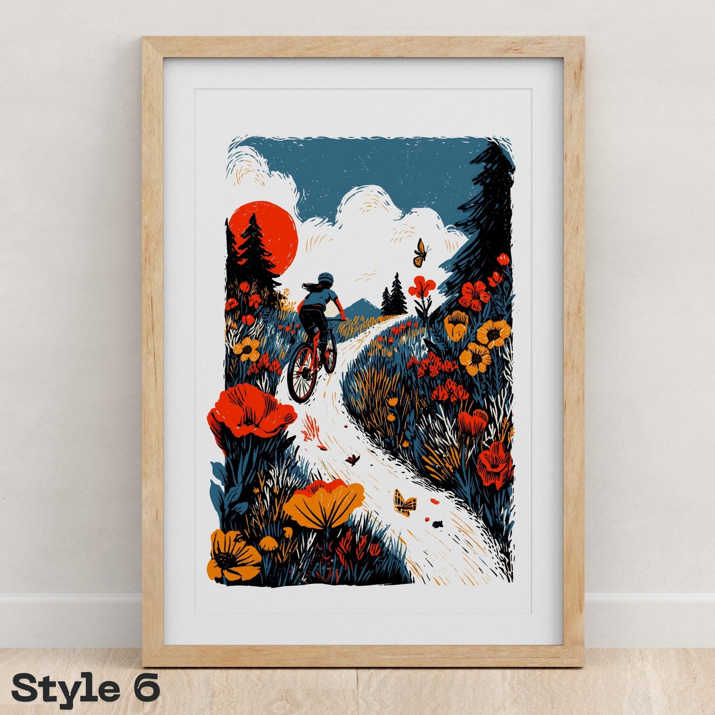 Female Mountain Bike folk-art art print, blank inside