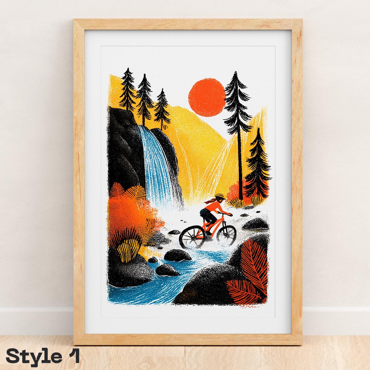 Female Mountain Bike folk-art art print, blank inside