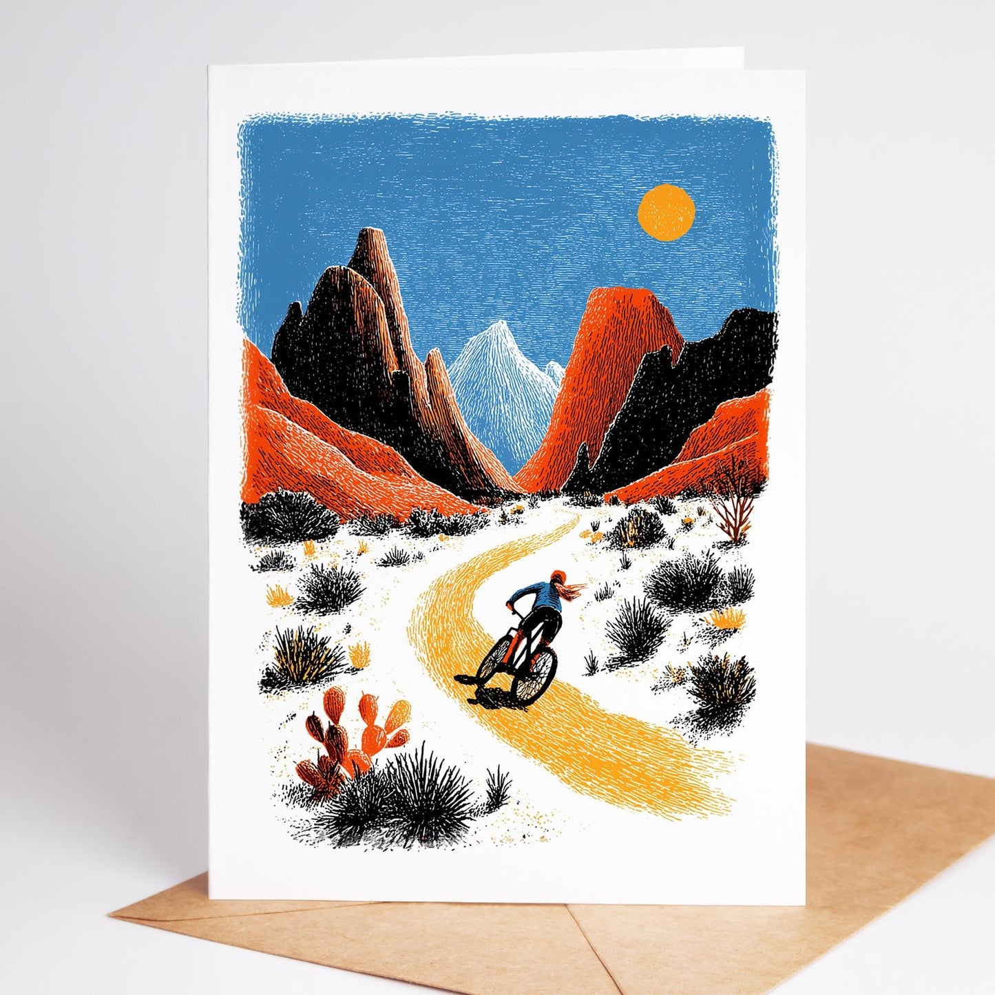 Female Mountain Biking folk-art greeting card, blank inside