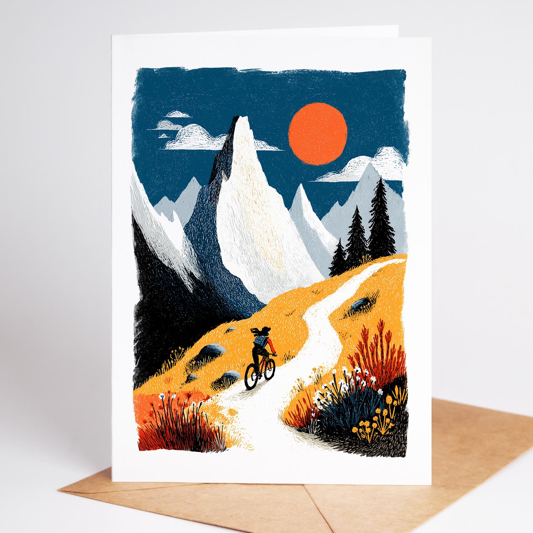 Female Mountain Biking folk-art greeting card, blank inside