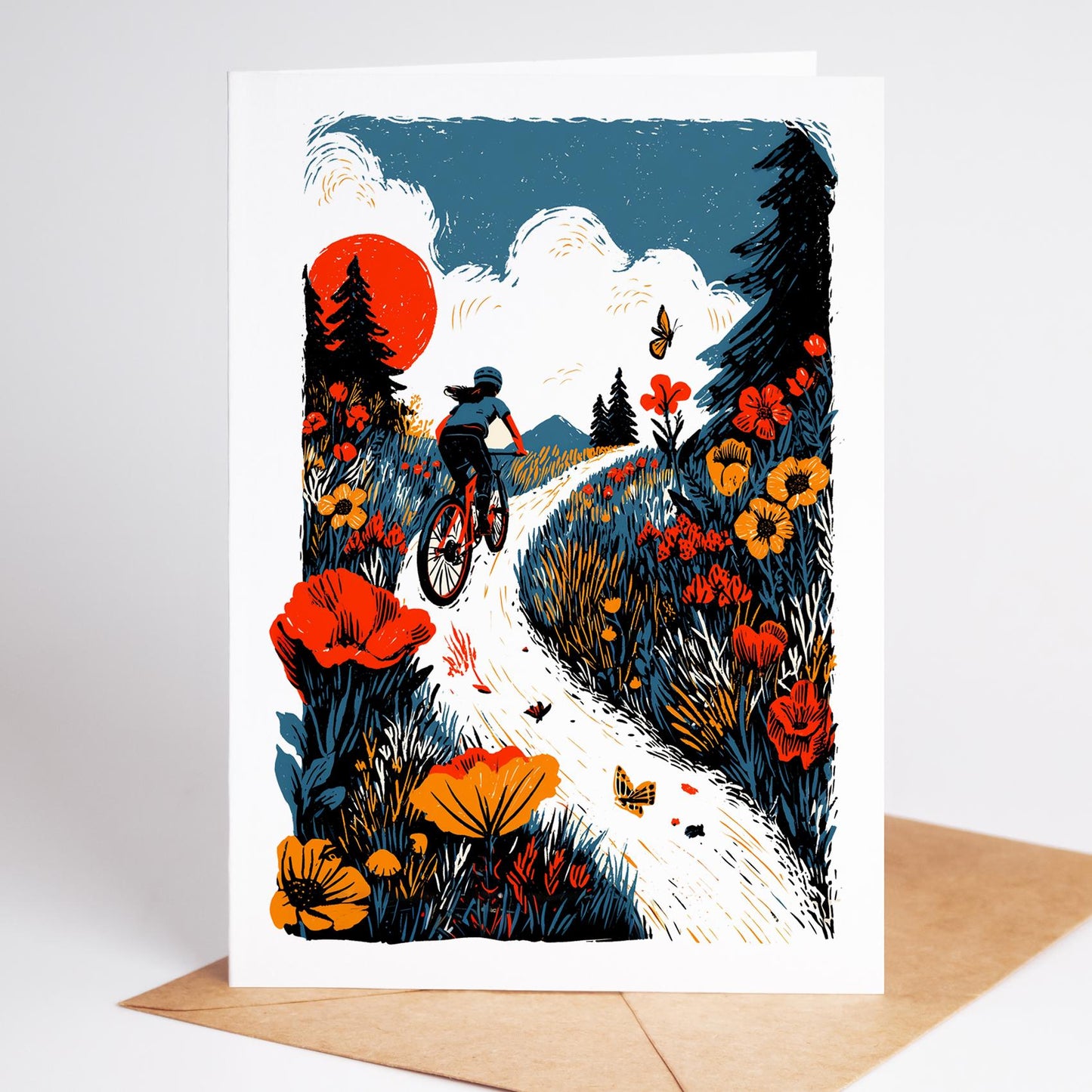 Female Mountain Biking folk-art greeting card, blank inside