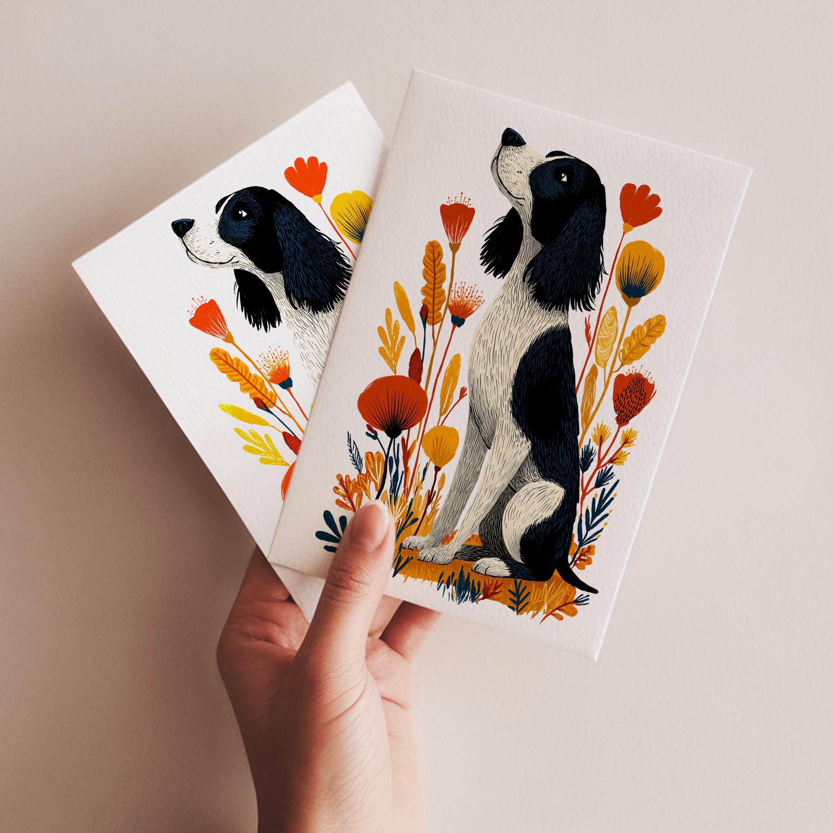 Springer Spaniel folk-art greeting card, blank inside