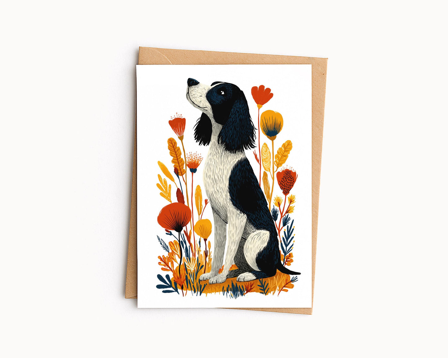 Springer Spaniel folk-art greeting card, blank inside