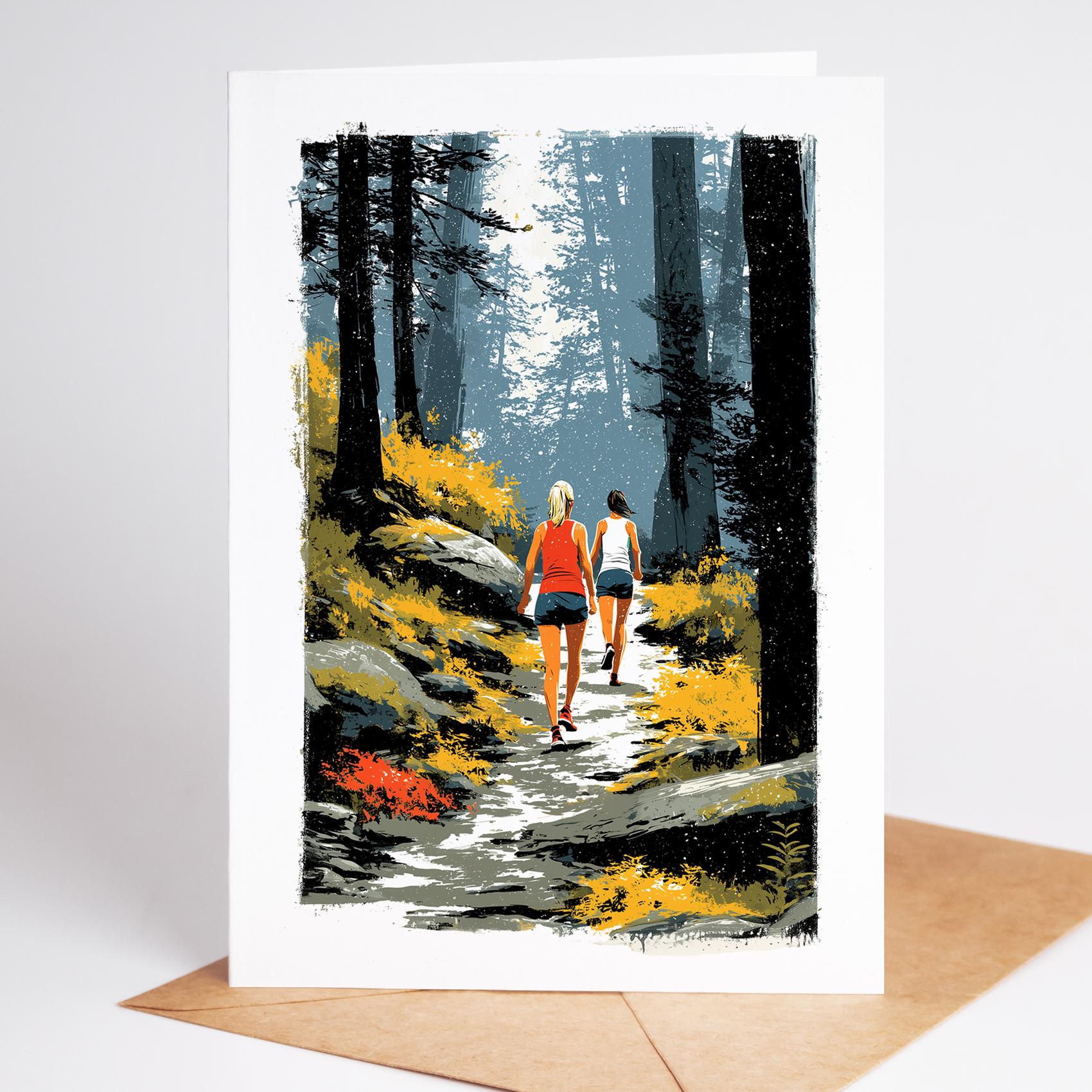 Trail Running folk-art greeting card, blank inside