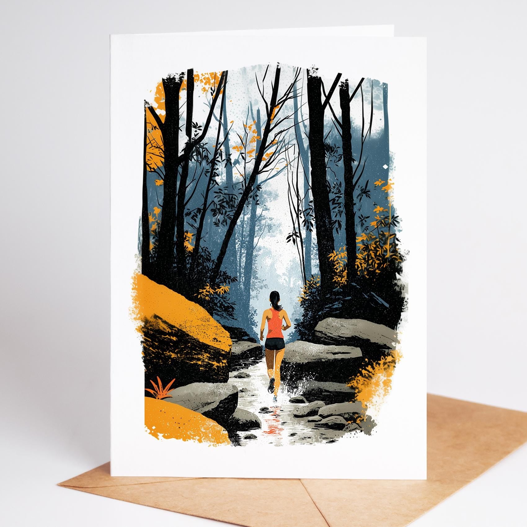 Trail Running folk-art greeting card, blank inside