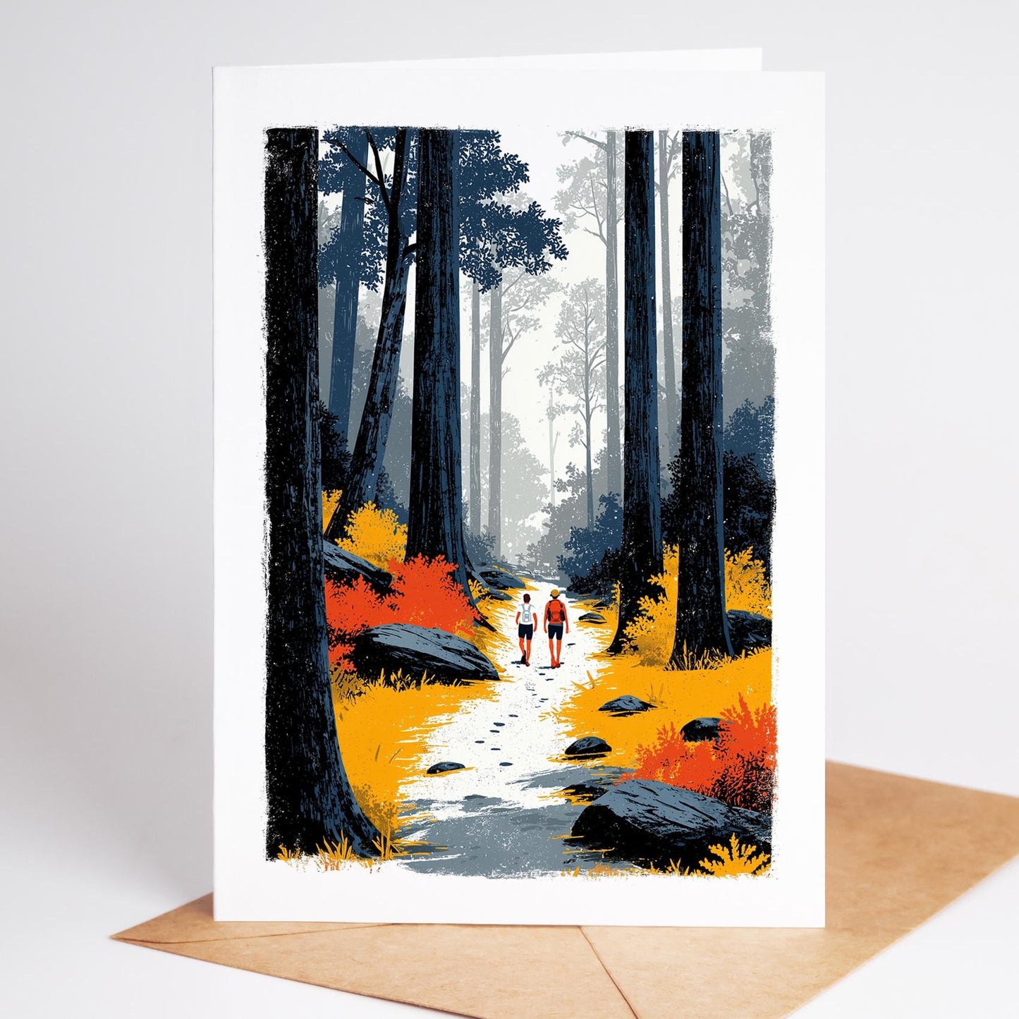 Trail Running folk-art greeting card, blank inside