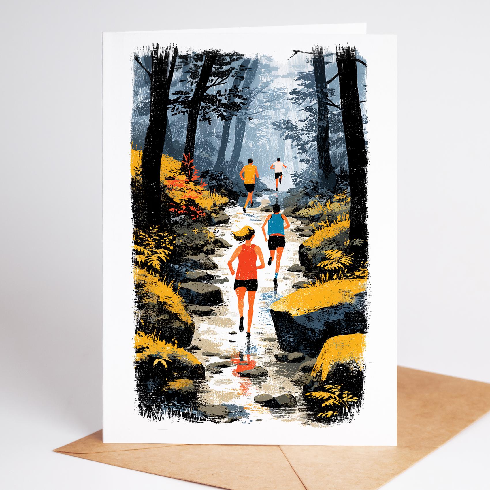 Trail Running folk-art greeting card, blank inside