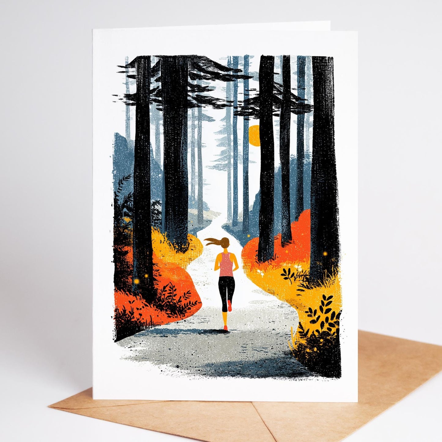 Trail Running folk-art greeting card, blank inside