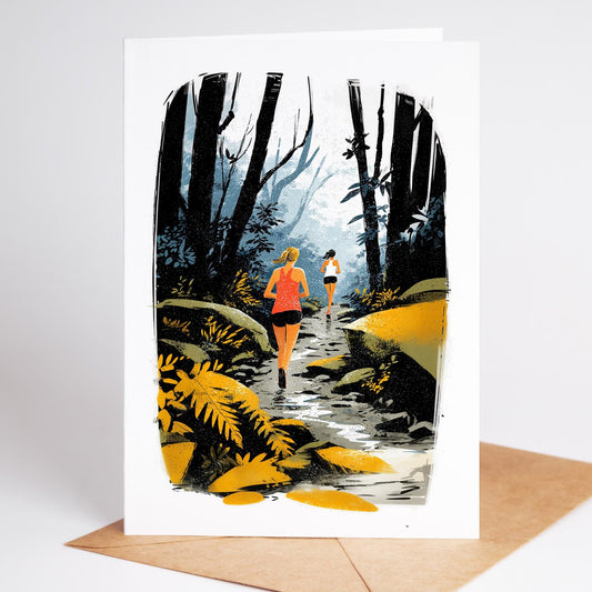 Trail Running folk-art greeting card, blank inside