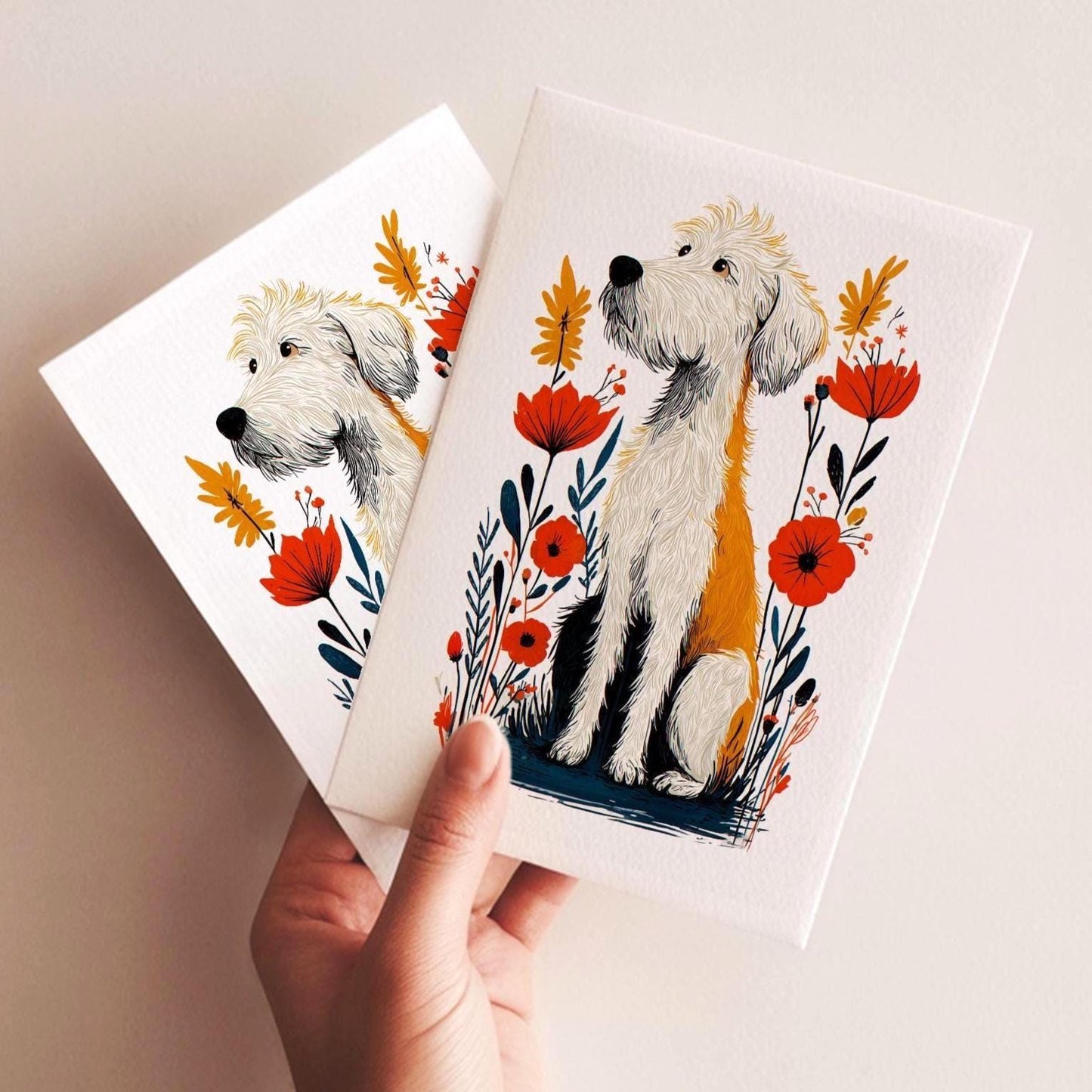 Labradoodle folk-art greeting card, blank inside