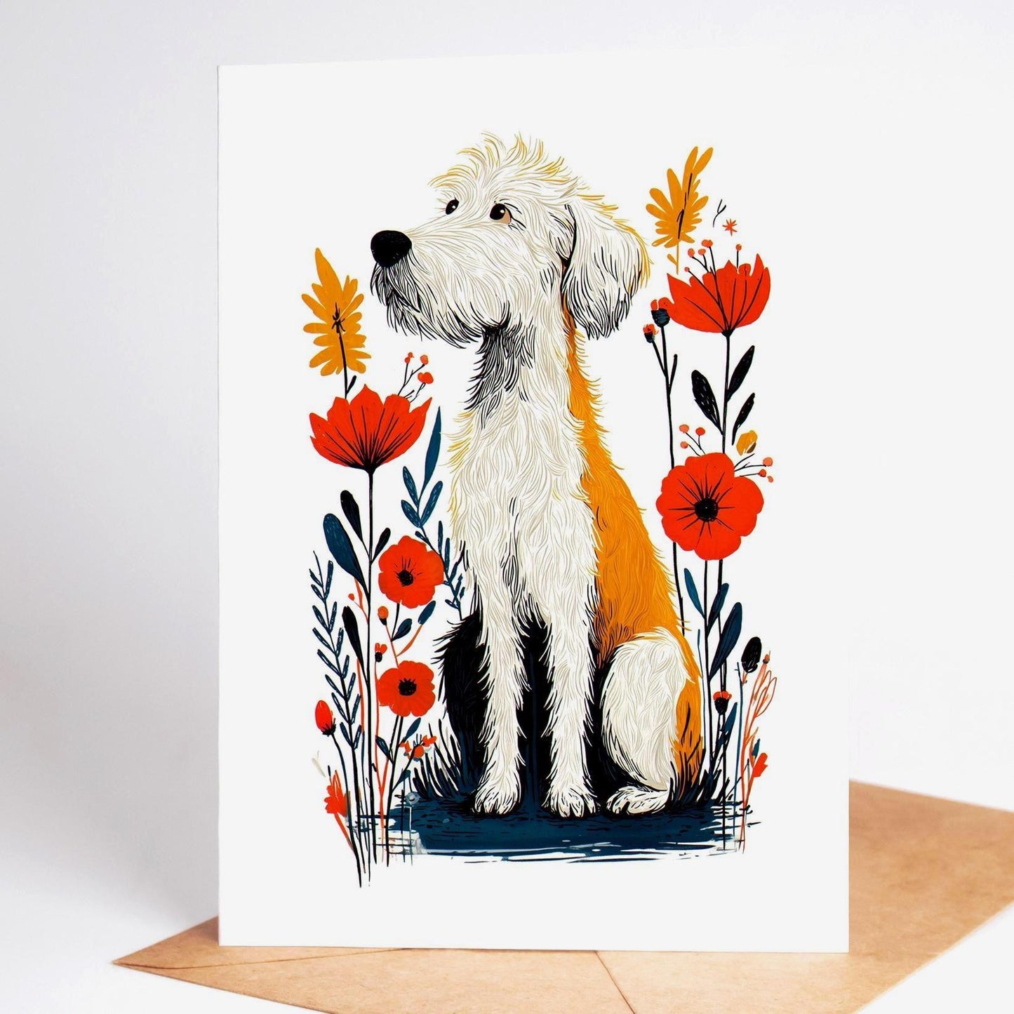 Labradoodle folk-art greeting card, blank inside