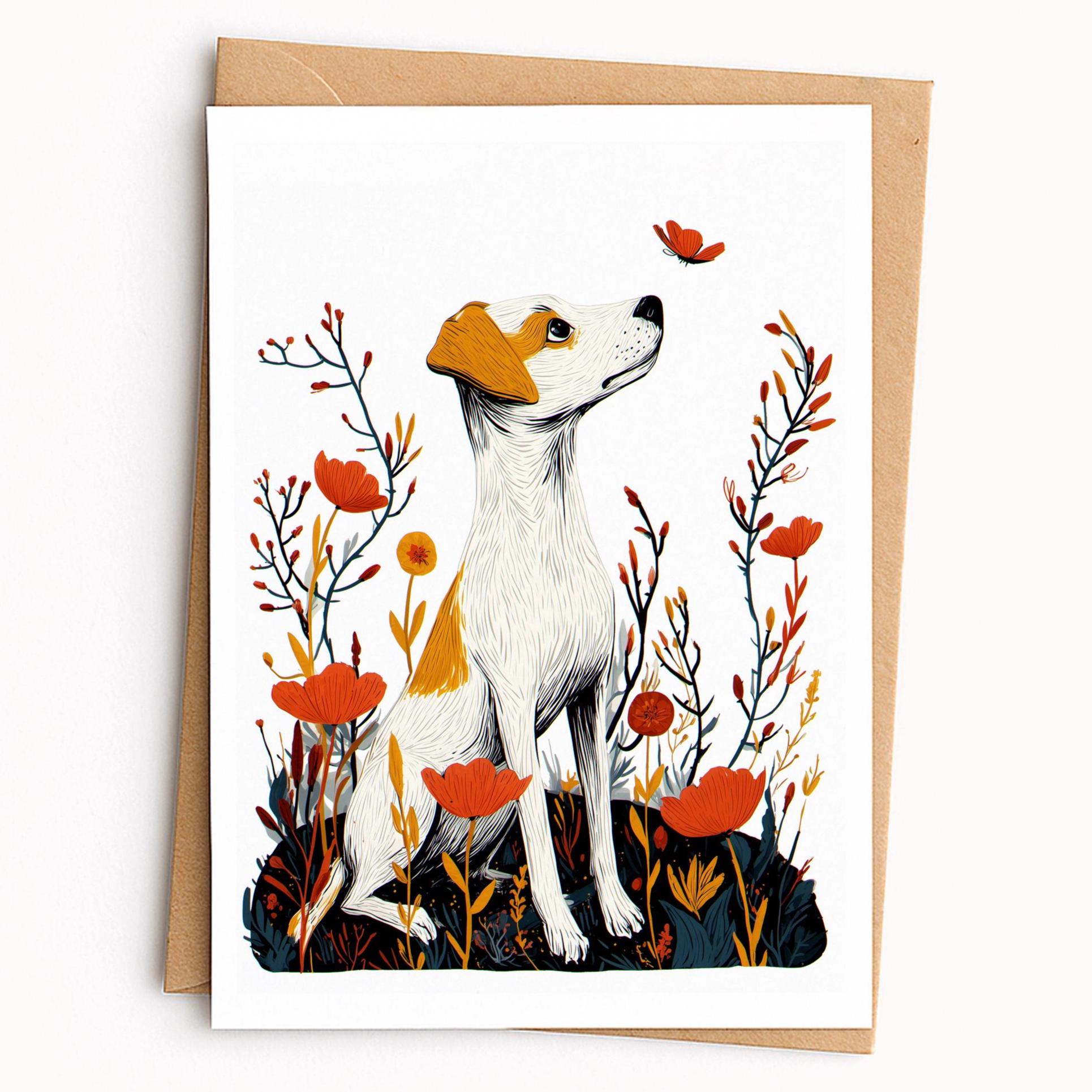 Jack Russell folk-art greeting card, blank inside