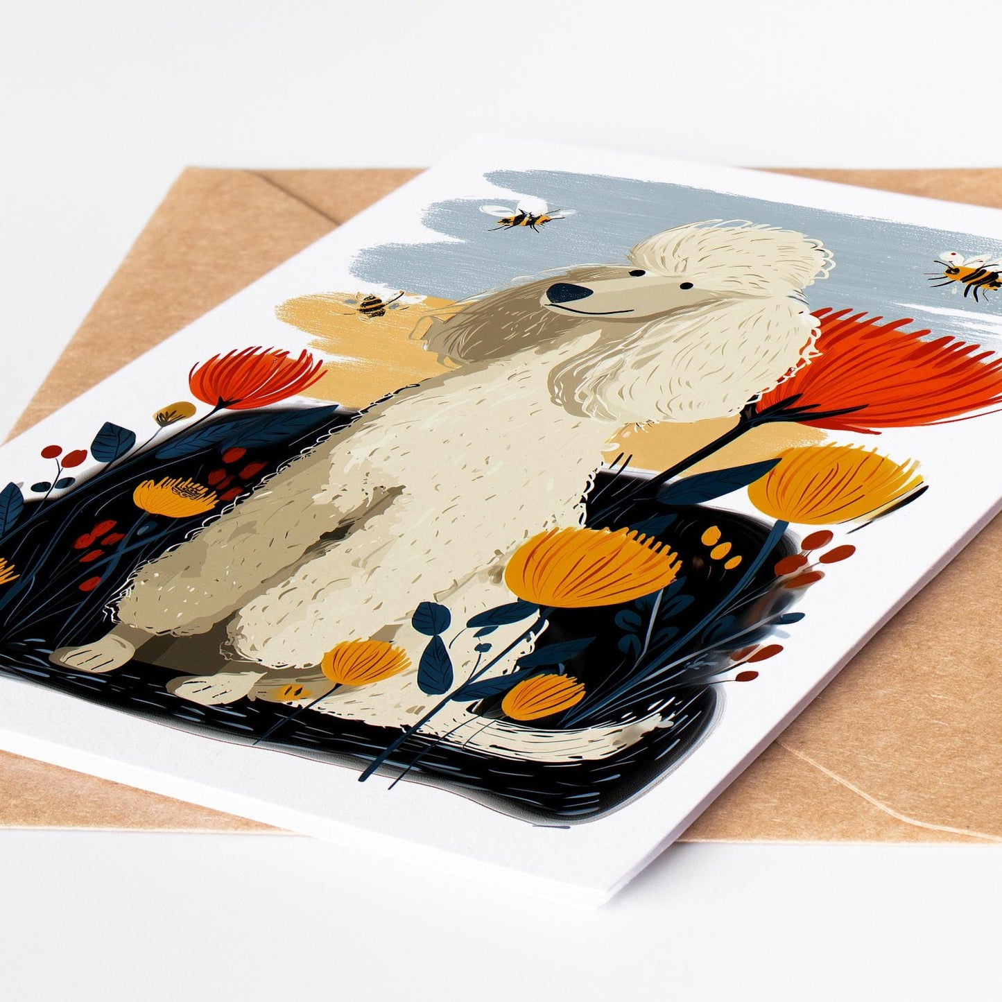 White Poodle folk-art greeting card, blank inside