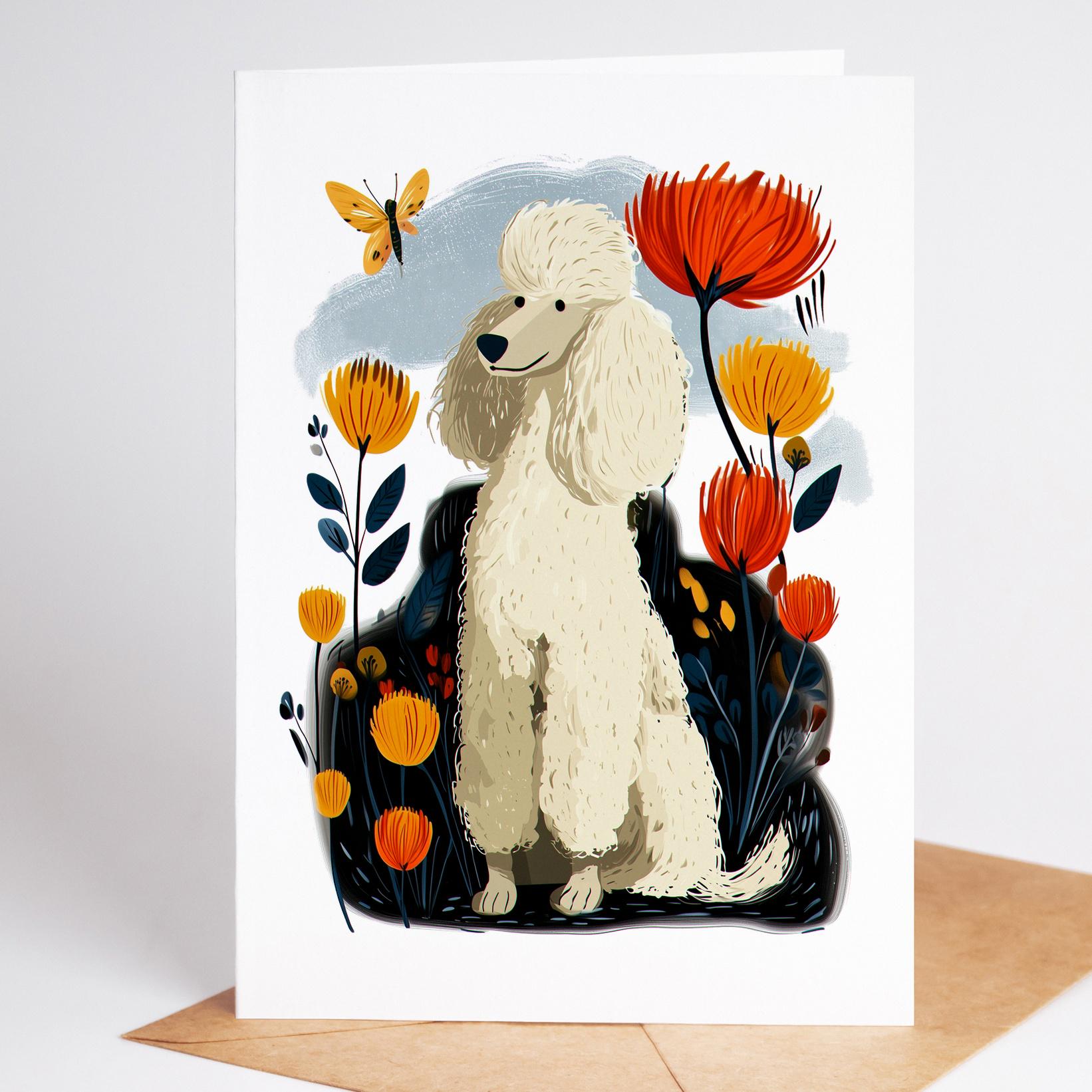 White Poodle folk-art greeting card, blank inside
