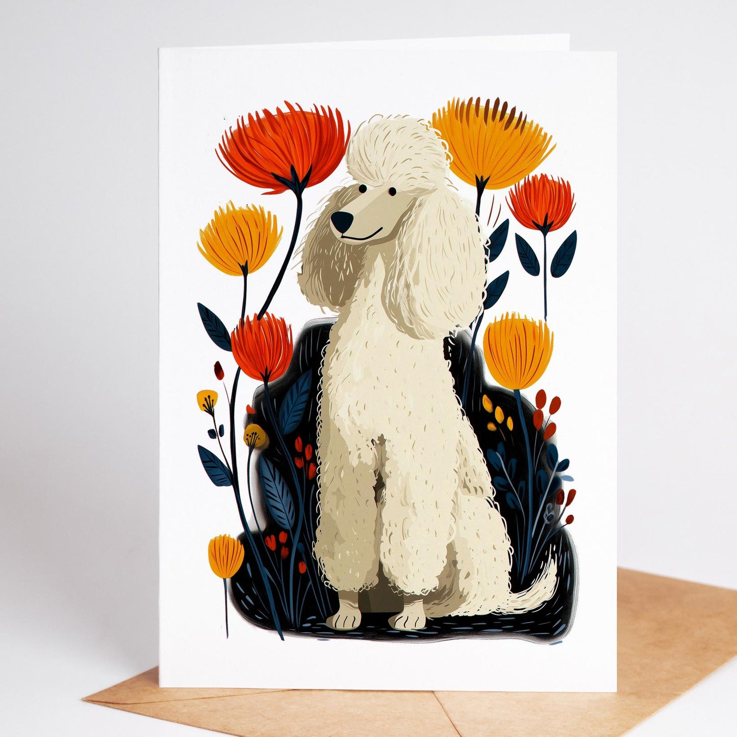 White Poodle folk-art greeting card, blank inside
