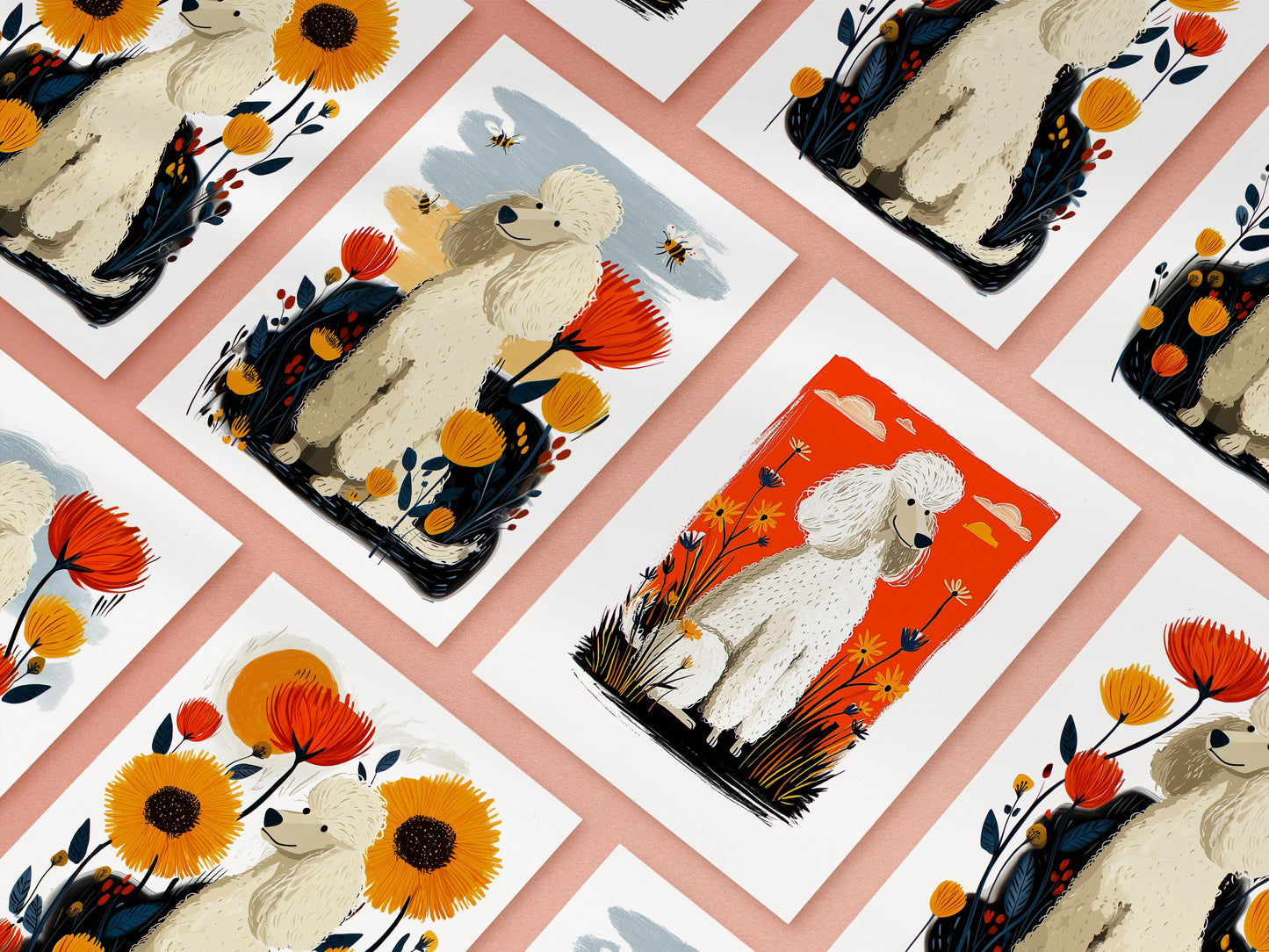 White Poodle folk-art greeting card, blank inside
