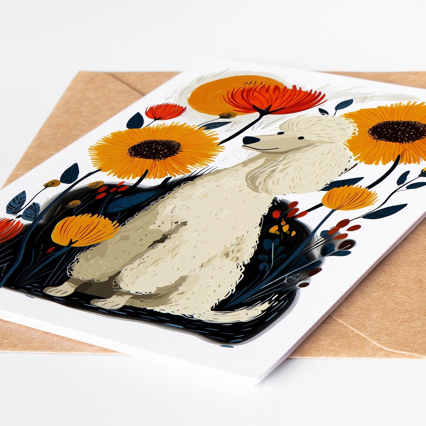 White Poodle folk-art greeting card, blank inside