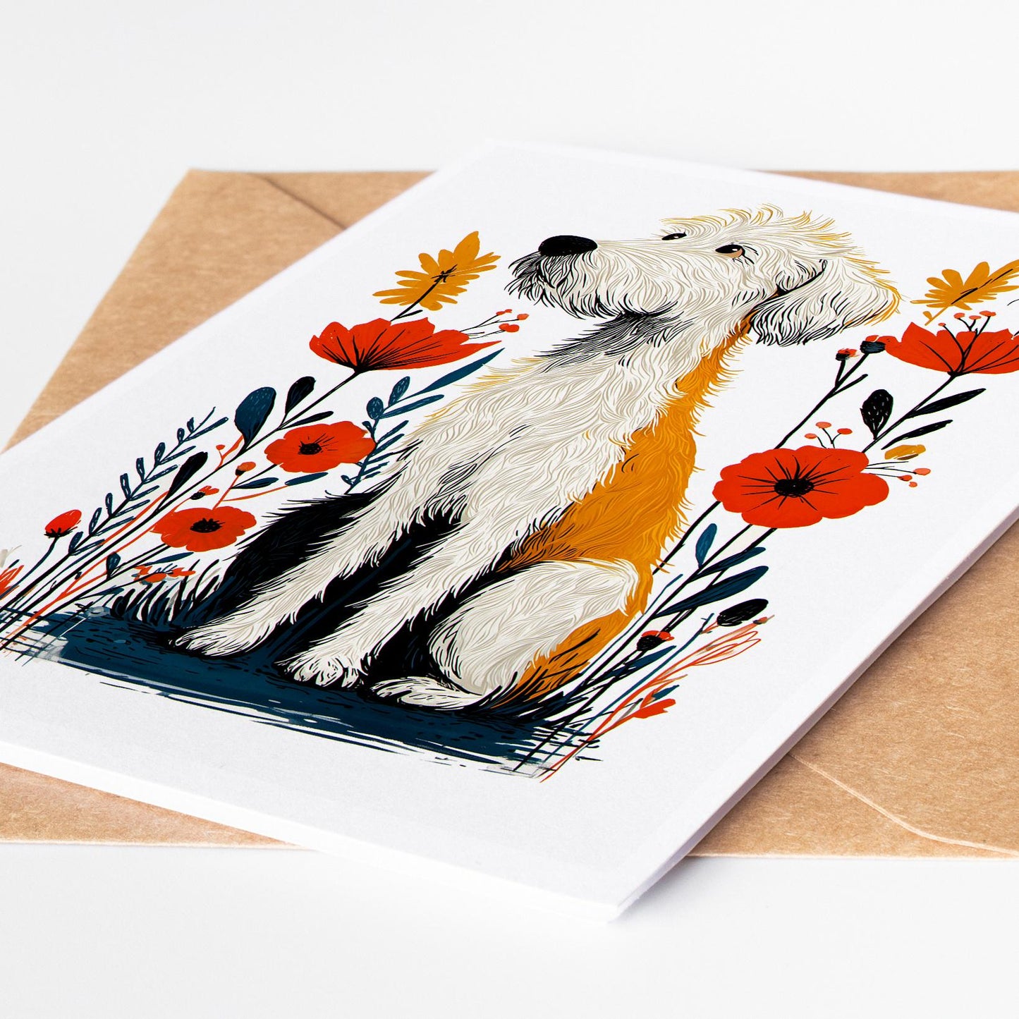 Labradoodle folk-art greeting card, blank inside