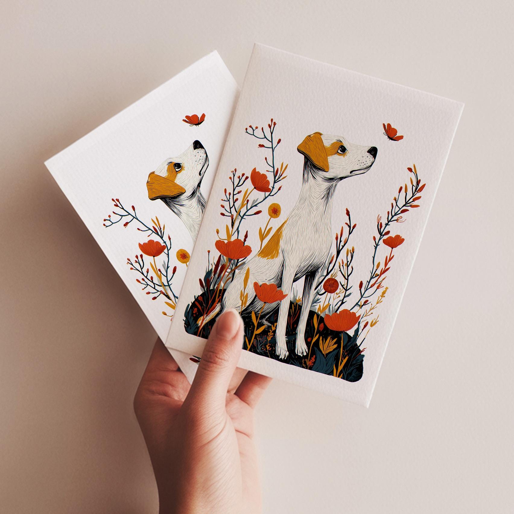 Jack Russell folk-art greeting card, blank inside