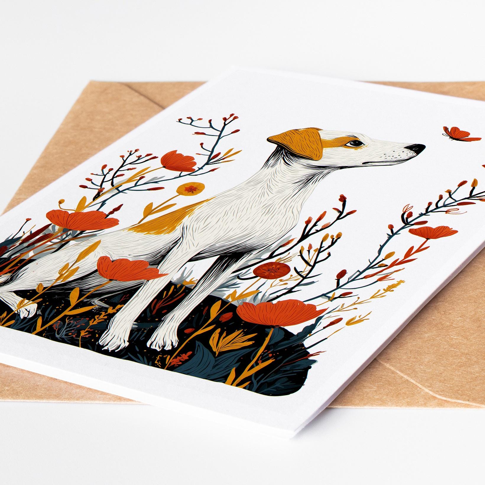 Jack Russell folk-art greeting card, blank inside