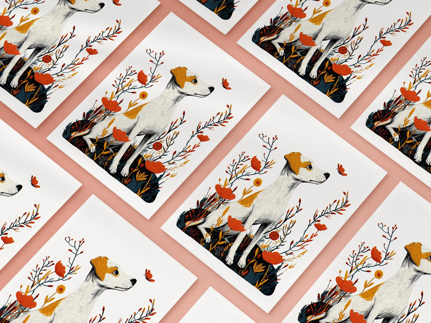 Jack Russell folk-art greeting card, blank inside