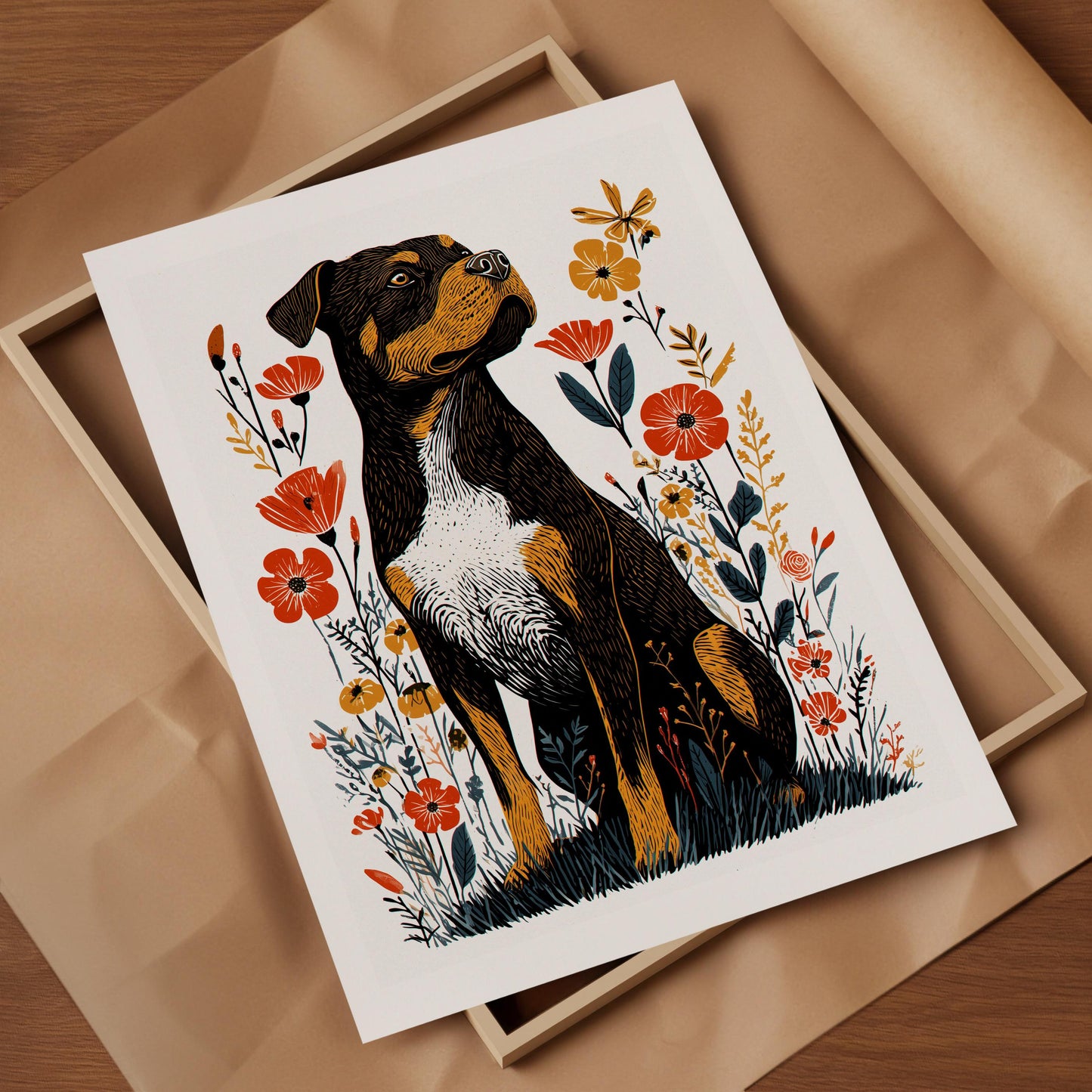 Rottweiler Floral folk-art art print, blank inside