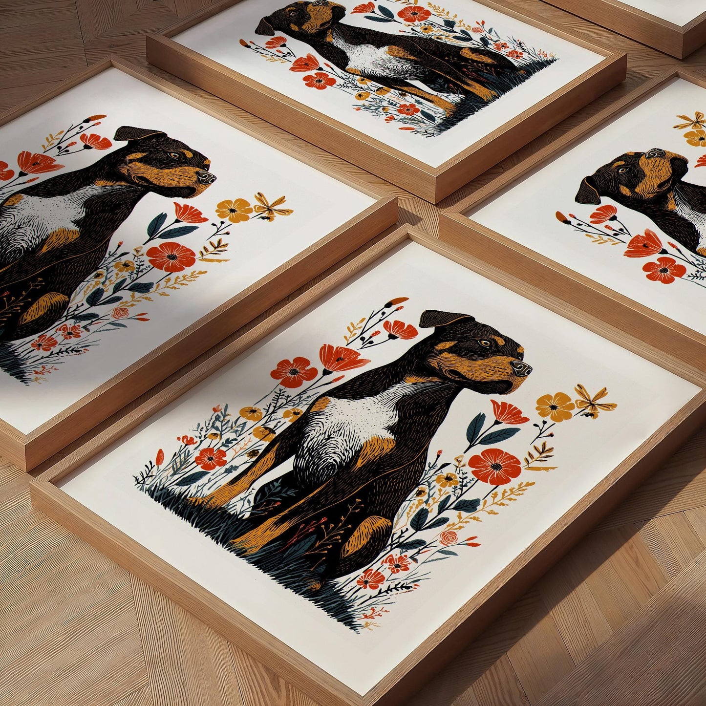 Rottweiler Floral folk-art art print, blank inside