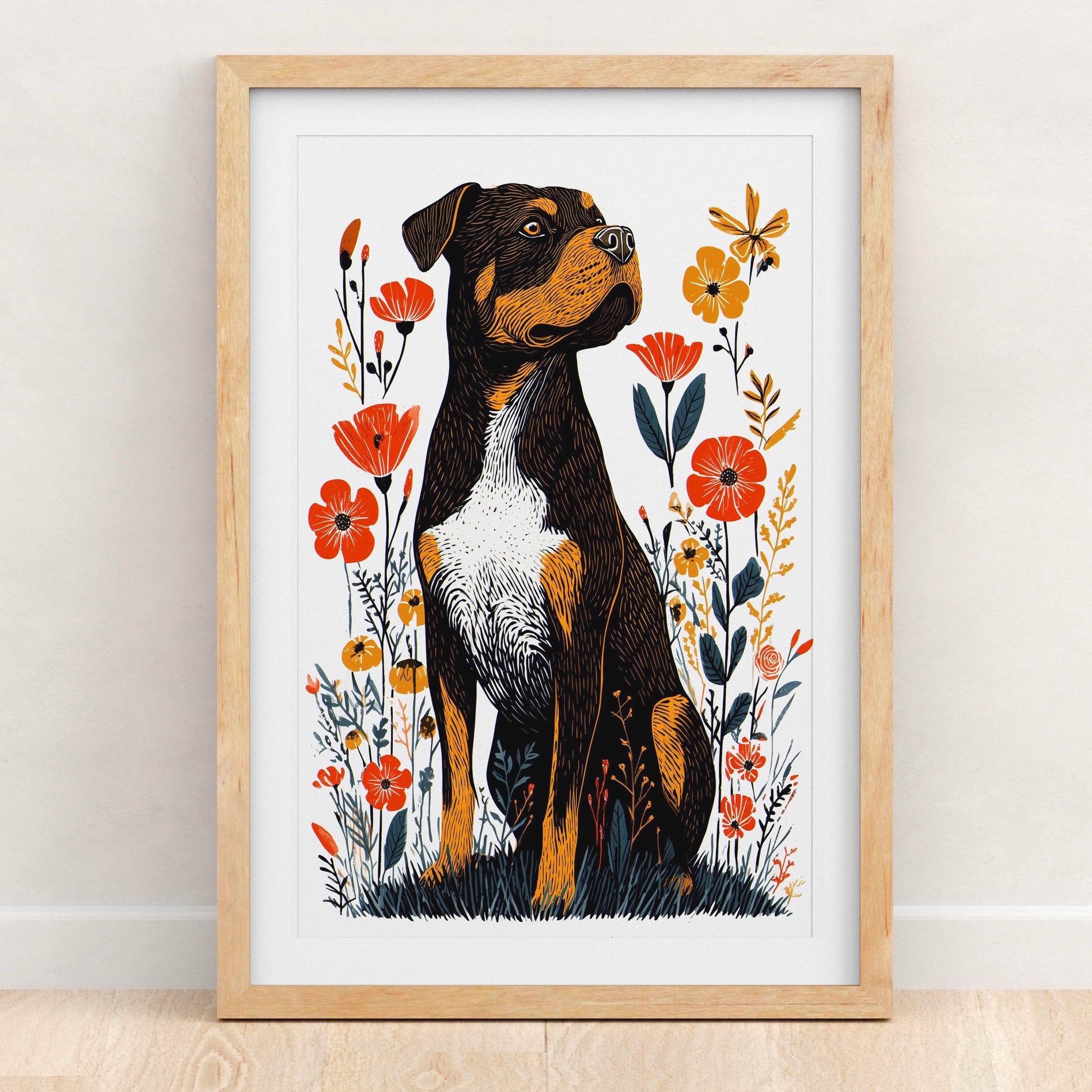 Rottweiler Floral folk-art art print, blank inside