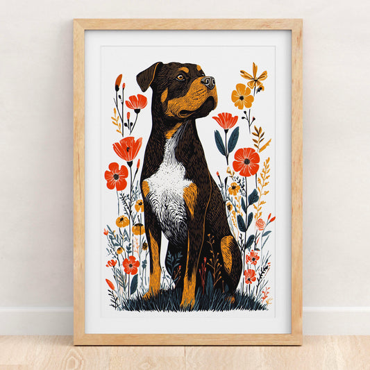 Rottweiler Floral folk-art art print, blank inside