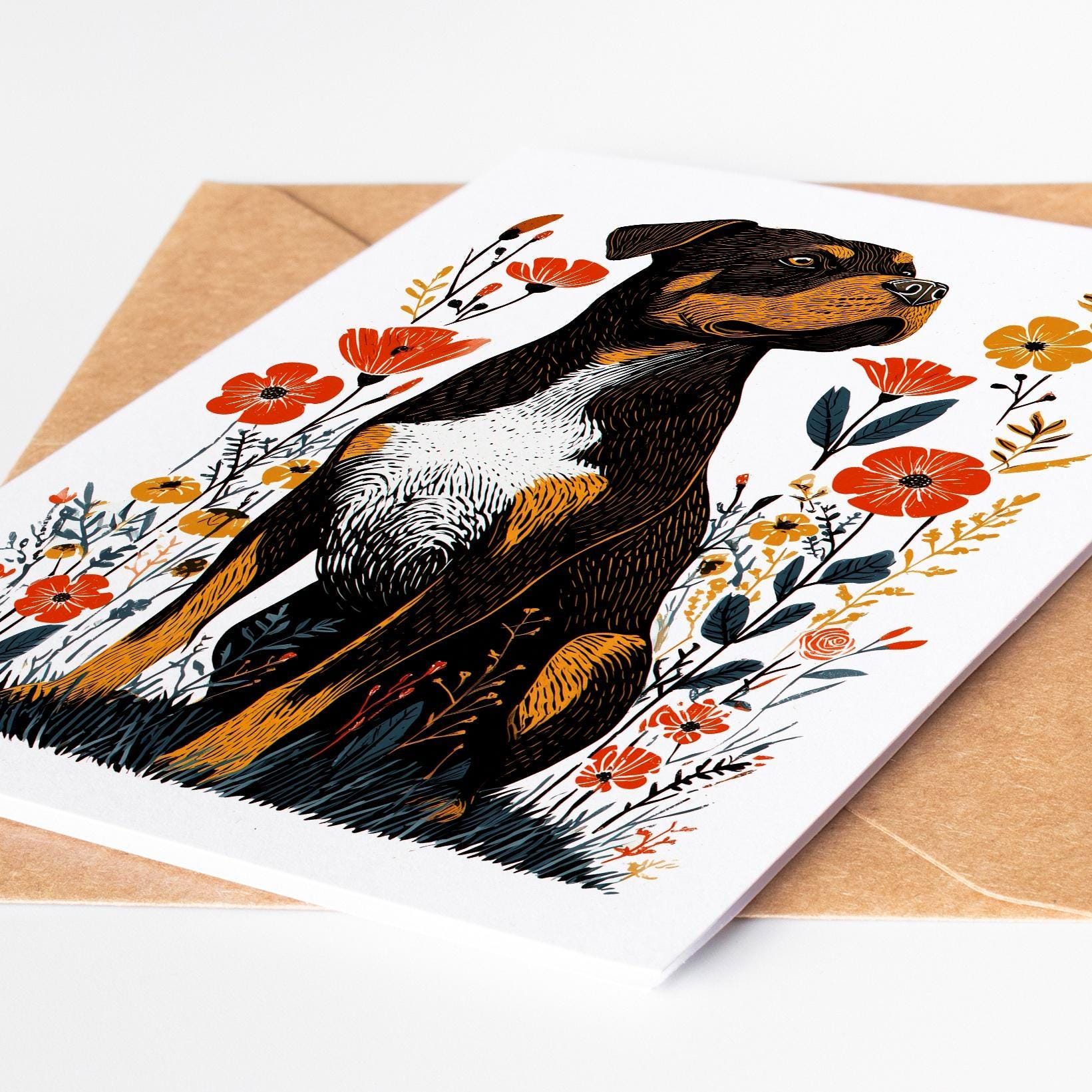 Rottweiler folk-art greeting card, blank inside