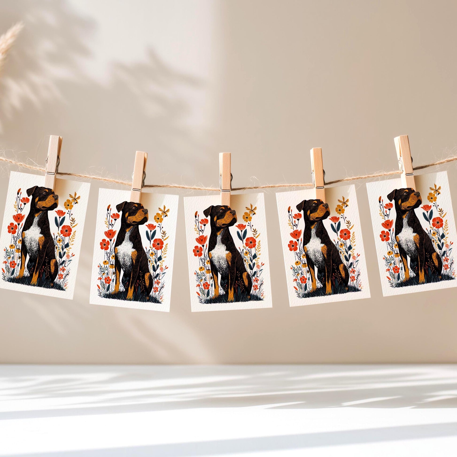 Rottweiler folk-art greeting card, blank inside