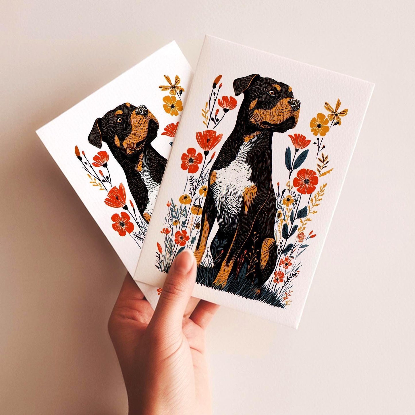 Rottweiler folk-art greeting card, blank inside