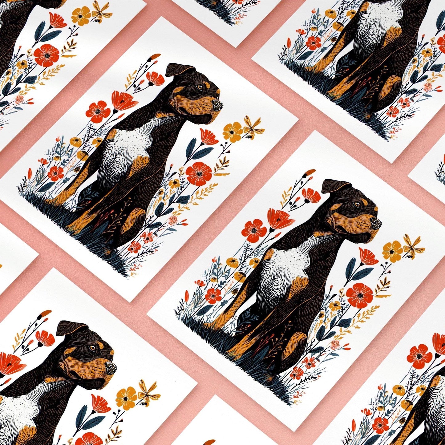 Rottweiler folk-art greeting card, blank inside