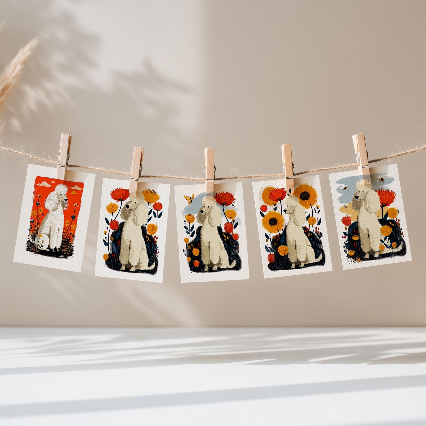 White Poodle folk-art greeting card, blank inside