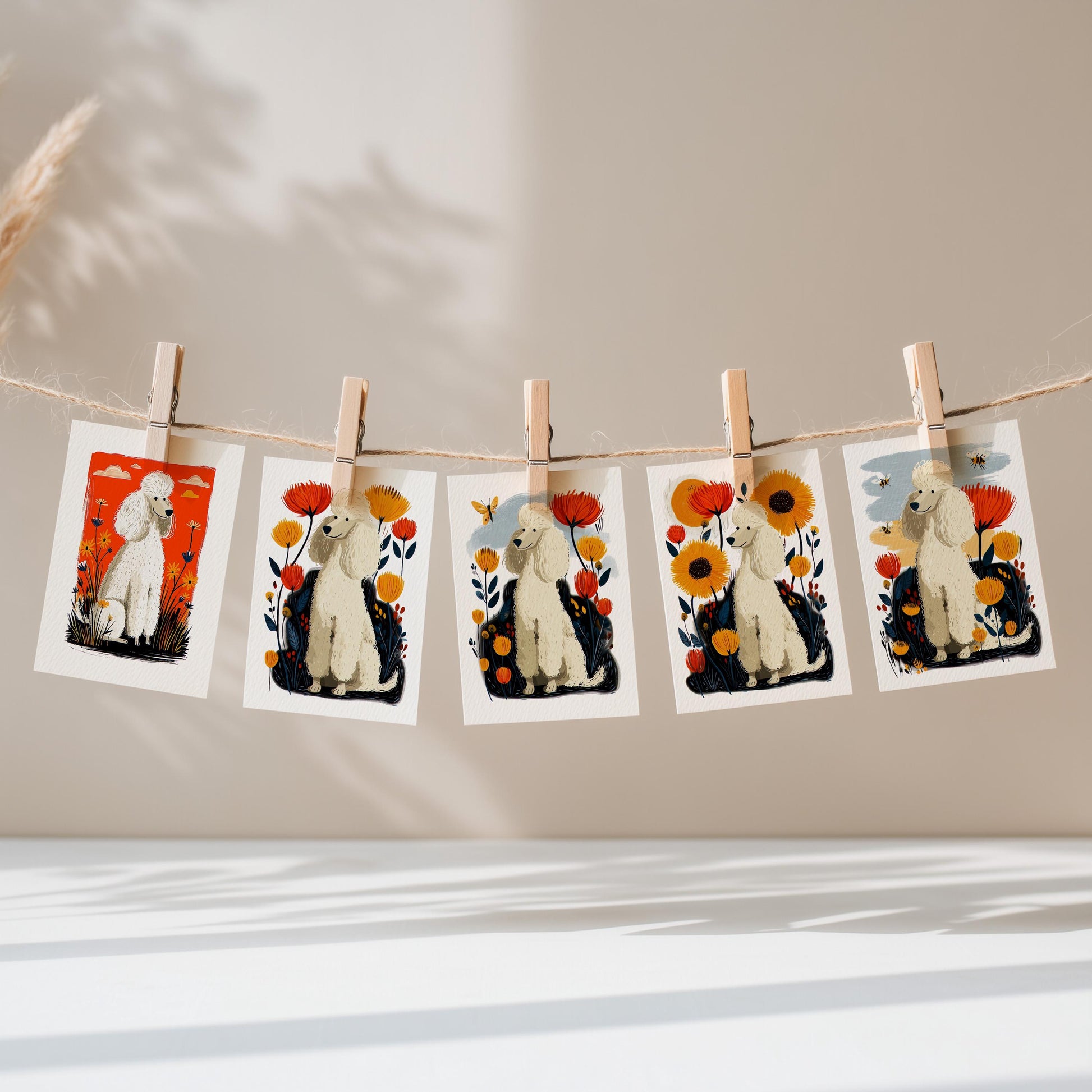 White Poodle folk-art greeting card, blank inside