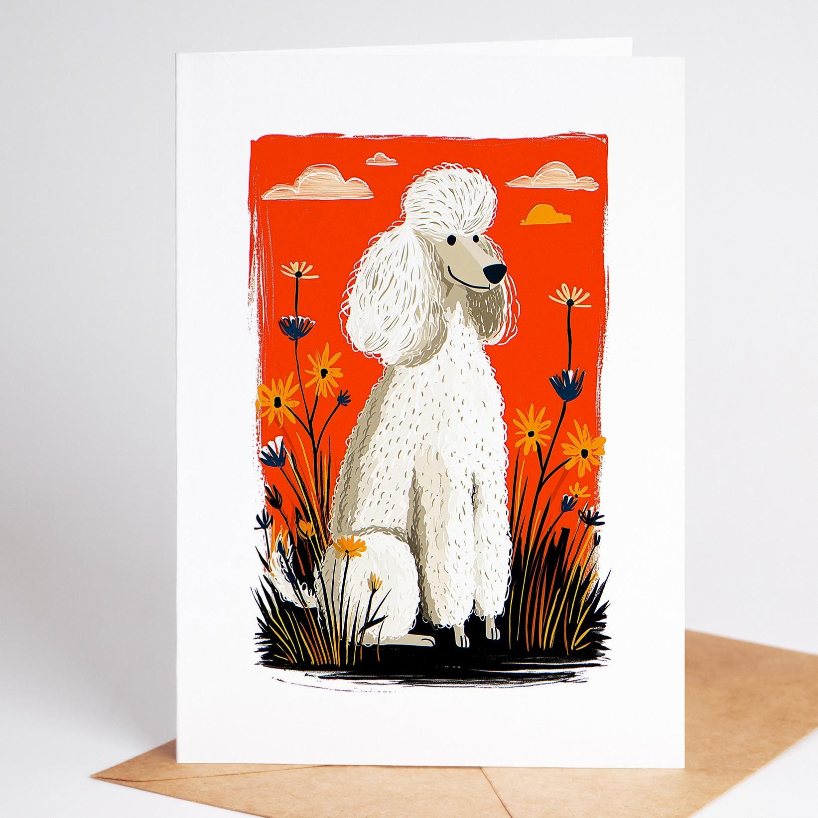 White Poodle folk-art greeting card, blank inside