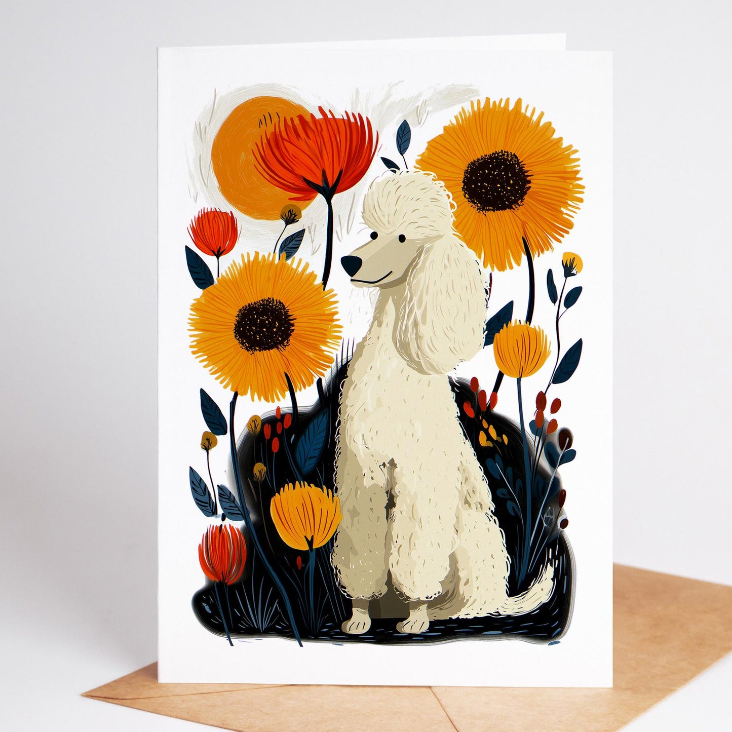 White Poodle folk-art greeting card, blank inside