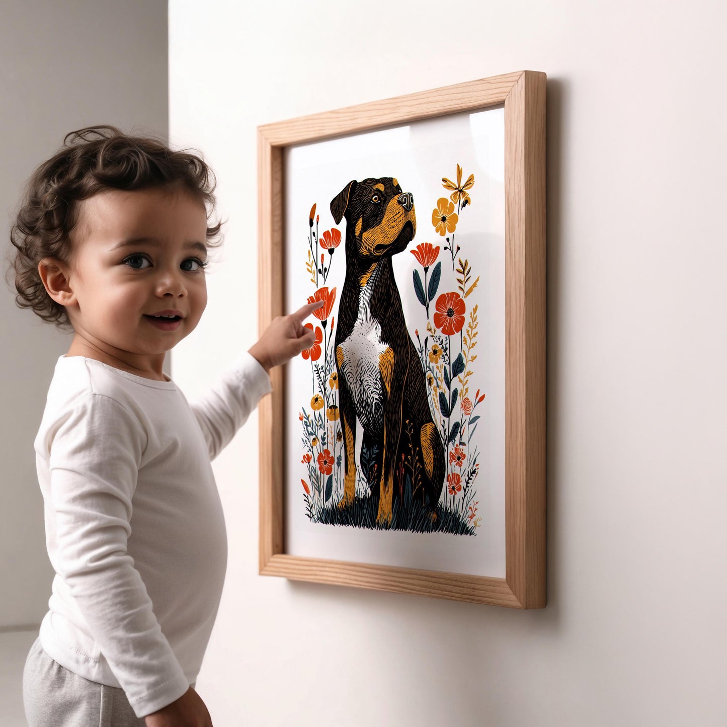Rottweiler Floral folk-art art print, blank inside