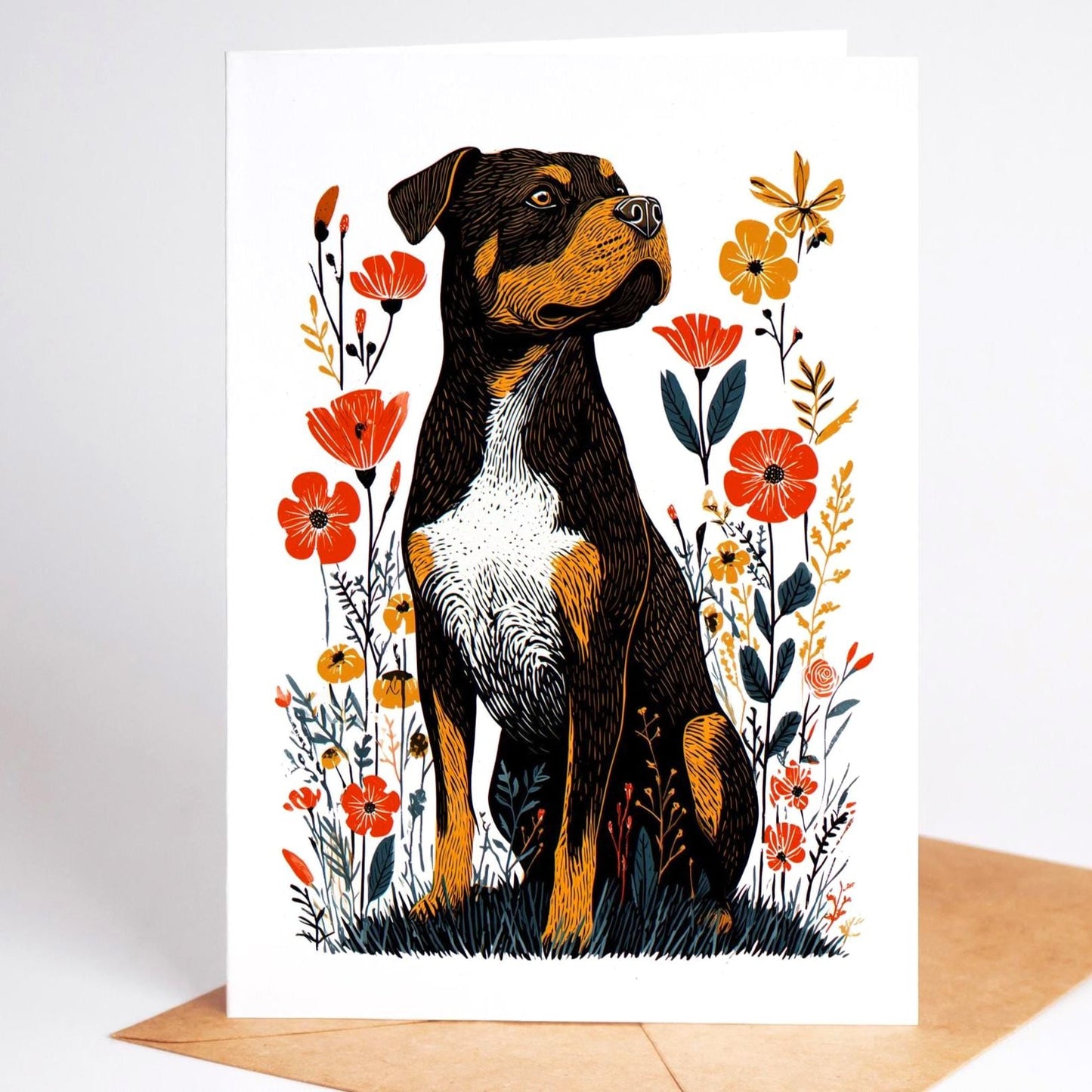 Rottweiler folk-art greeting card, blank inside