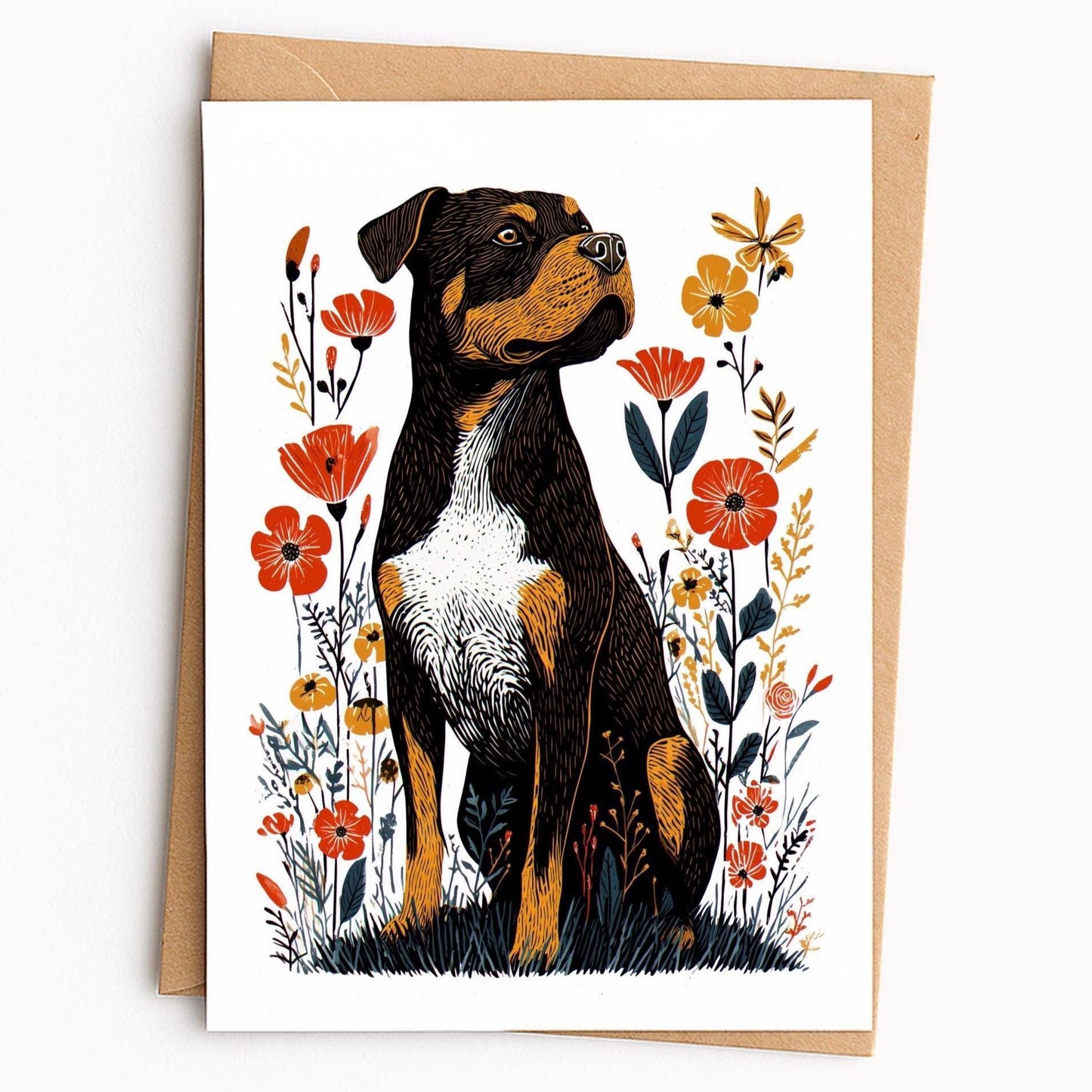Rottweiler folk-art greeting card, blank inside
