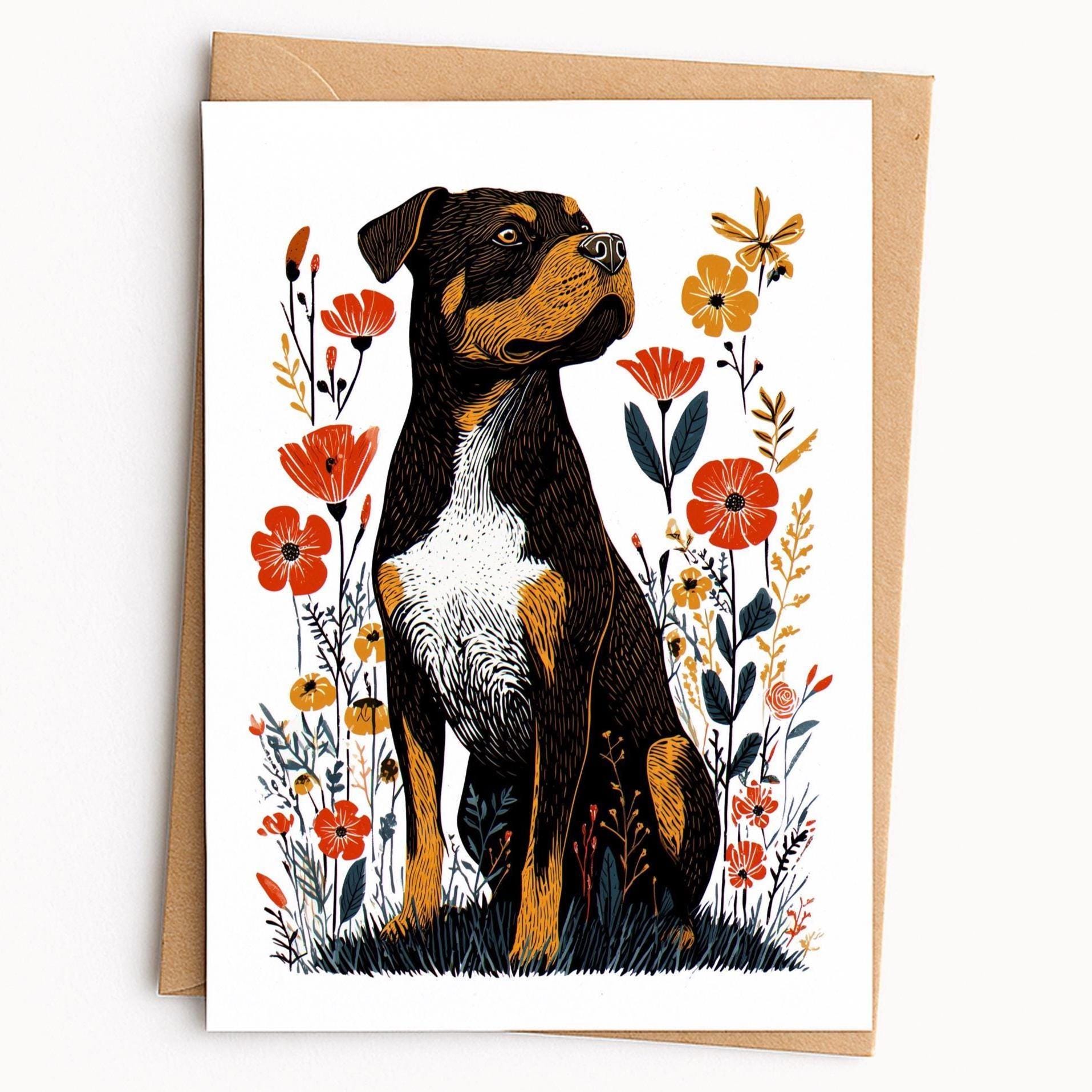 Rottweiler folk-art greeting card, blank inside