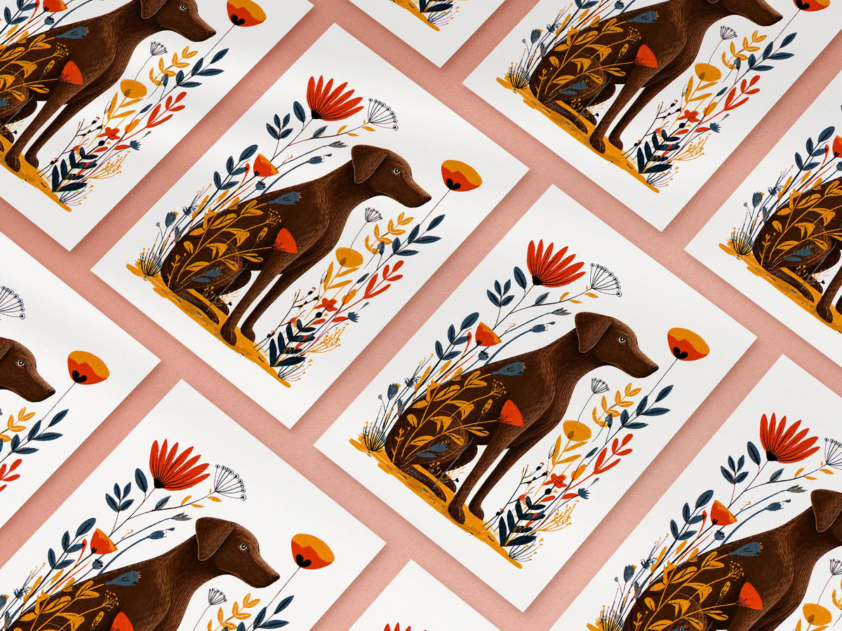 Chocolate Lab cards laid out in rows on a pink background