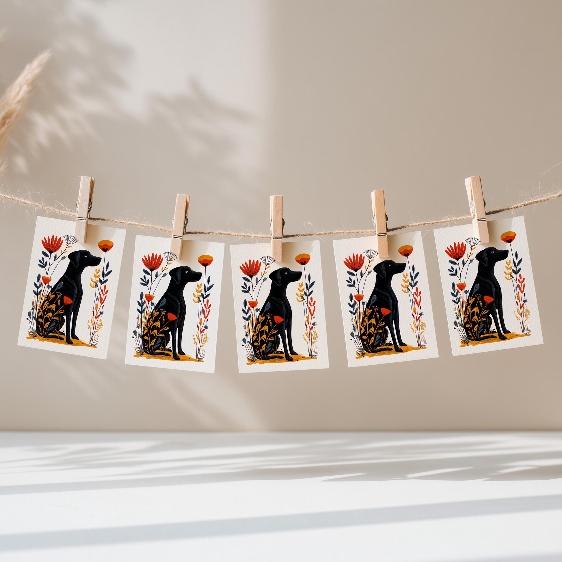 Black Lab folk-art greeting card, blank inside