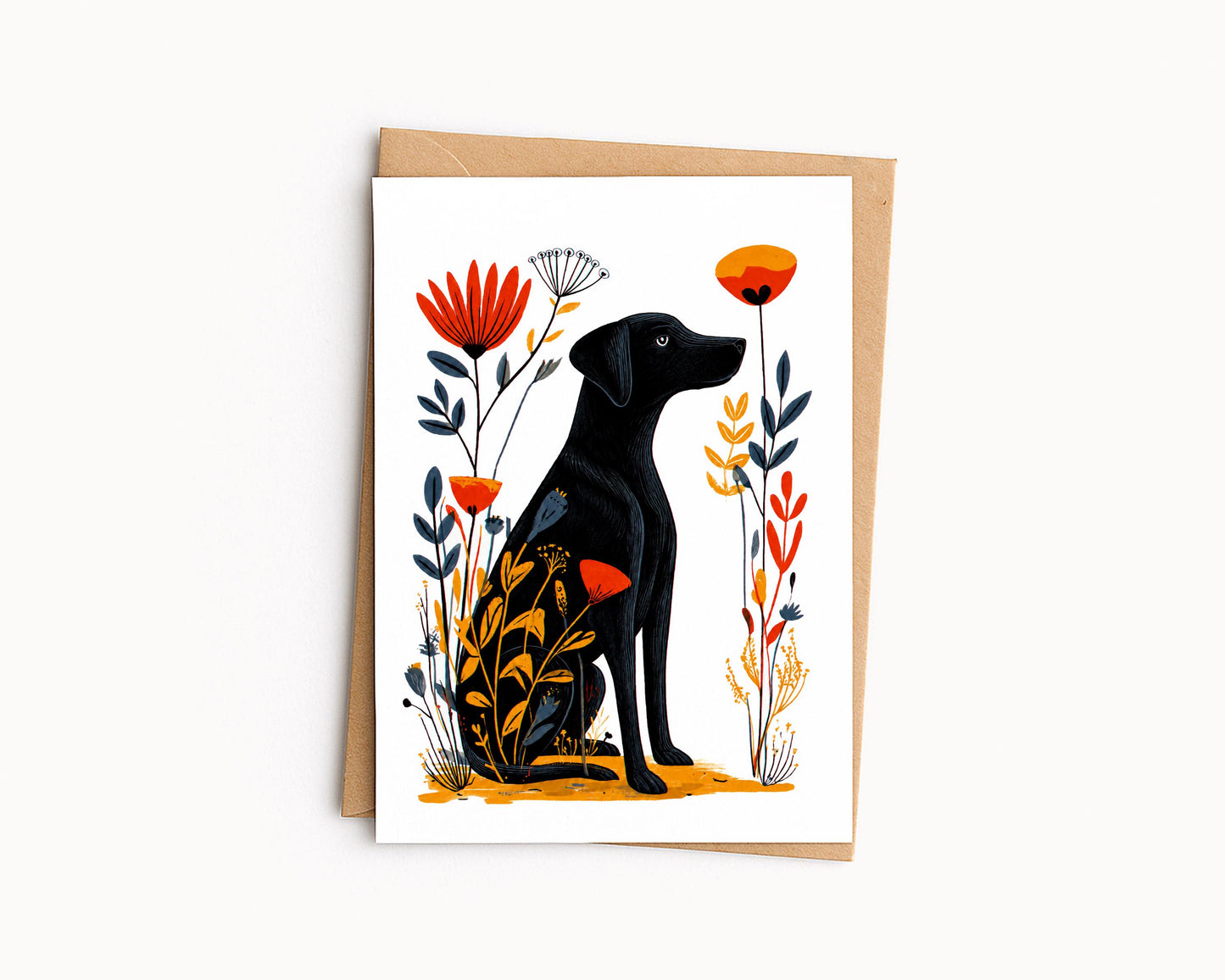 Black Lab folk-art greeting card, blank inside