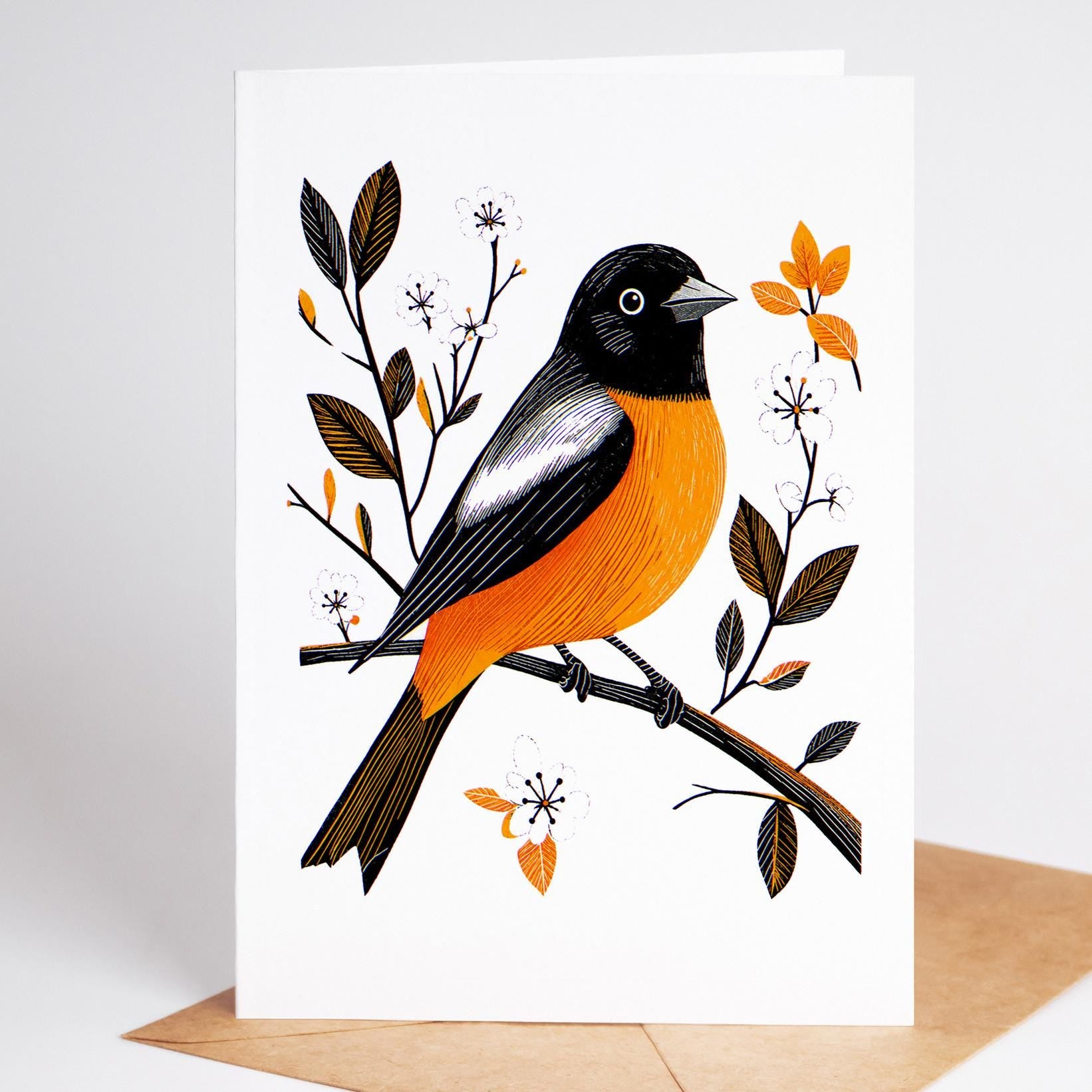 Bird Lover folk-art greeting card, blank inside