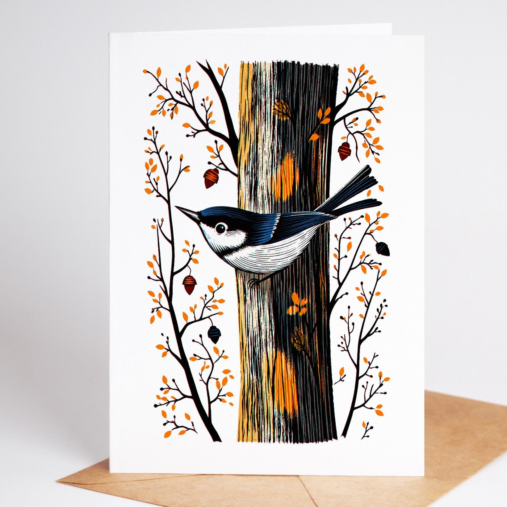 Bird Lover folk-art greeting card, blank inside