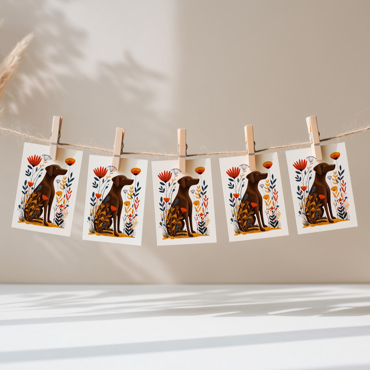 Five Chocolate Lab cards pegged on a string